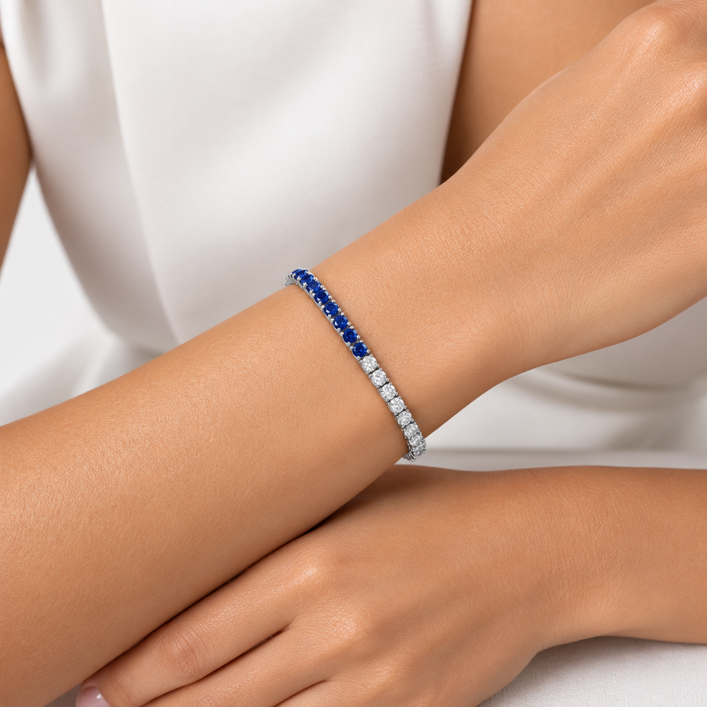 Lab  Diamond & Blue Sapphire Eternity Tennis Bracelet 14K White Gold (3.20ct)