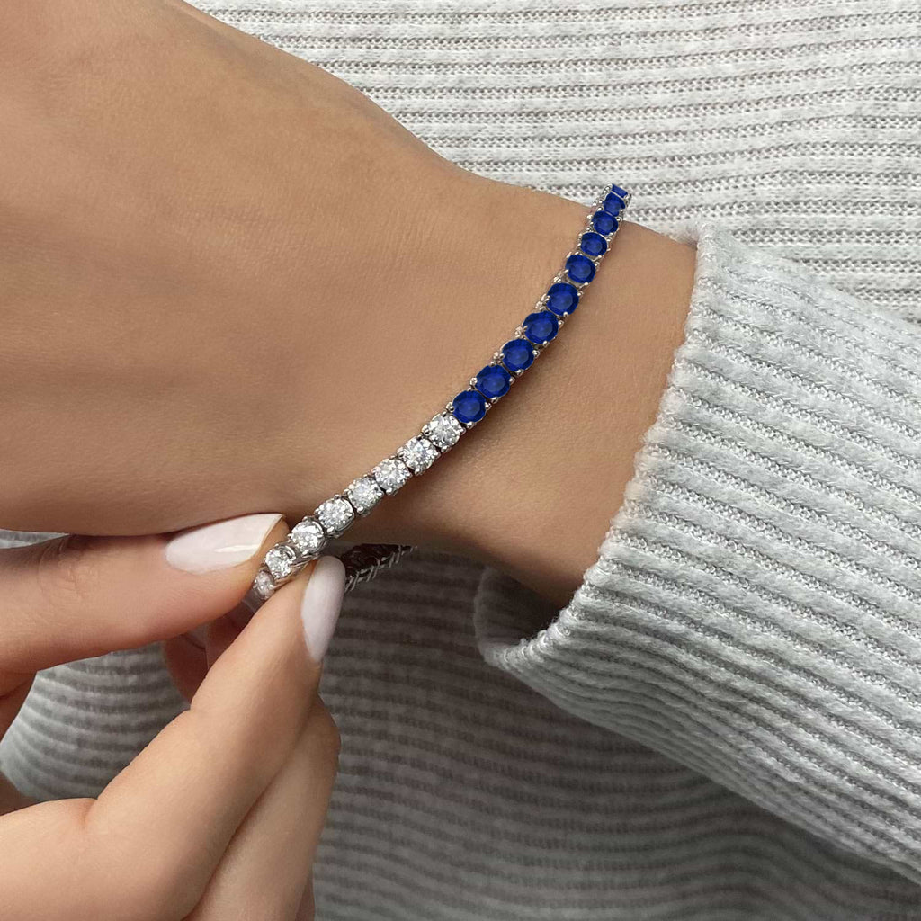 Lab Grown Diamond & Blue Sapphire Eternity Tennis Bracelet 14K White Gold (7.90ct)