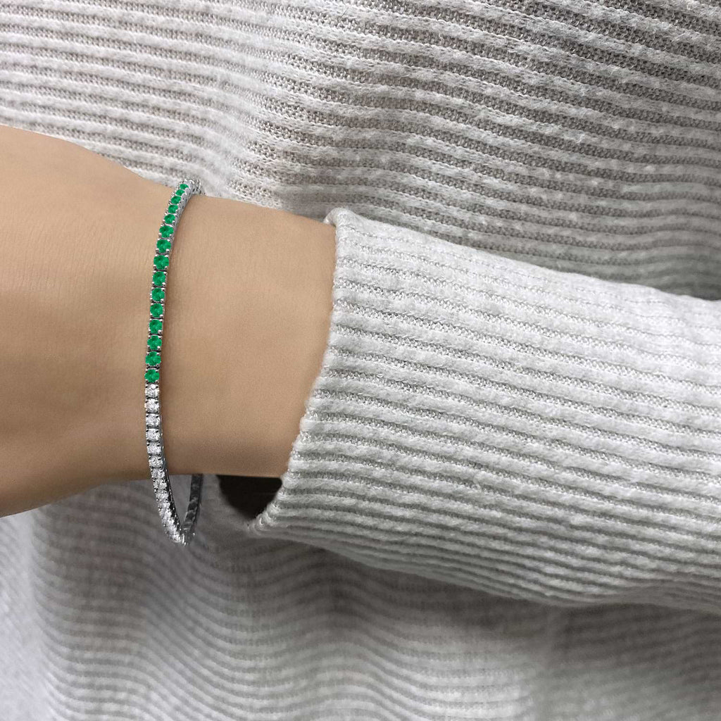 Diamond & Emerald Eternity Tennis Bracelet 14K White Gold (3.66ct)