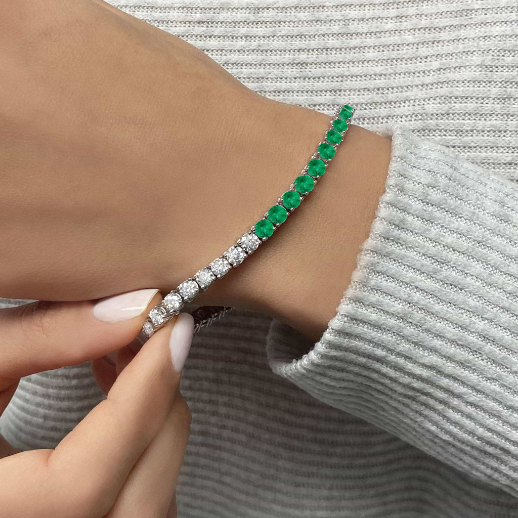 Diamond & Emerald Eternity Tennis Bracelet 14K White Gold (6.52ct)