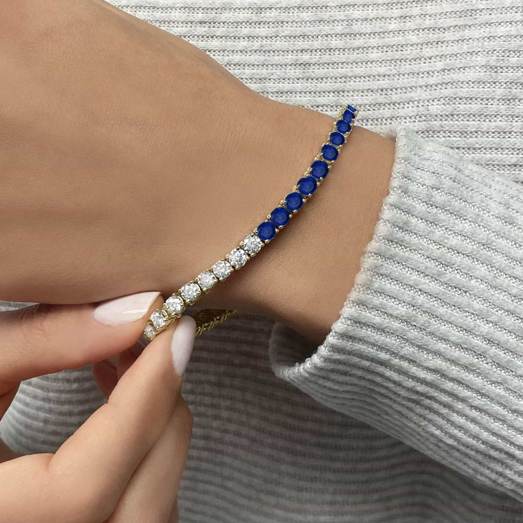 Lab Grown Diamond & Blue Sapphire Eternity Tennis Bracelet 14K Yellow Gold (11.56ct)
