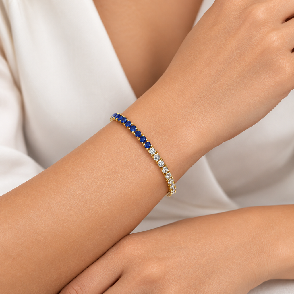Lab  Diamond & Blue Sapphire Eternity Tennis Bracelet 14K Yellow Gold (3.20ct)