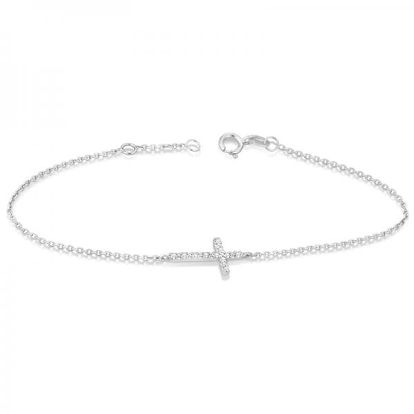 Diamond Accented Sideways Cross Bracelet in 14k White Gold (0.10cts)