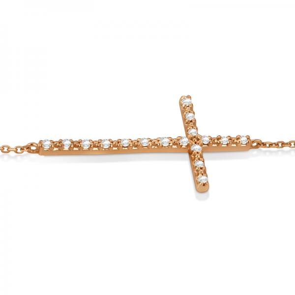 Sideways Cross Chain Bracelet & Diamond Accents 14k Rose Gold 0.20ct