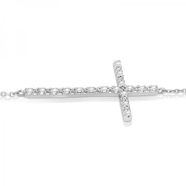 Sideways Cross Chain Bracelet & Diamond Accents 14k White Gold 0.20ct
