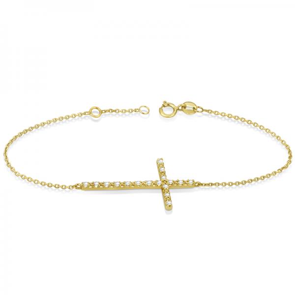 Sideways Cross Chain Bracelet & Diamond Accents 14k Yellow Gold 0.20ct