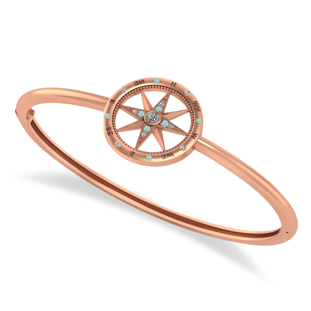Aquamarine & Diamond Compass Bangle Bracelet 14k Rose Gold (0.19ct)