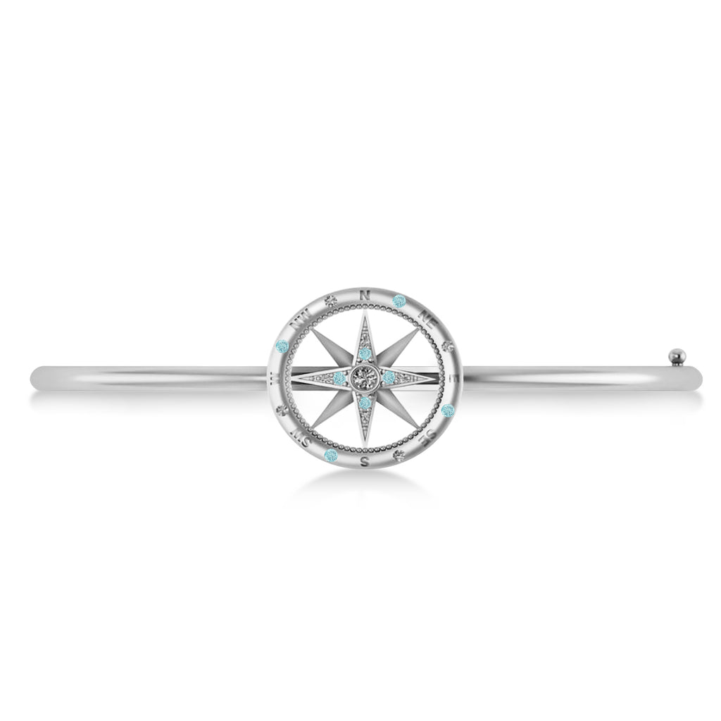 Aquamarine & Diamond Compass Bangle Bracelet 14k White Gold (0.19ct)