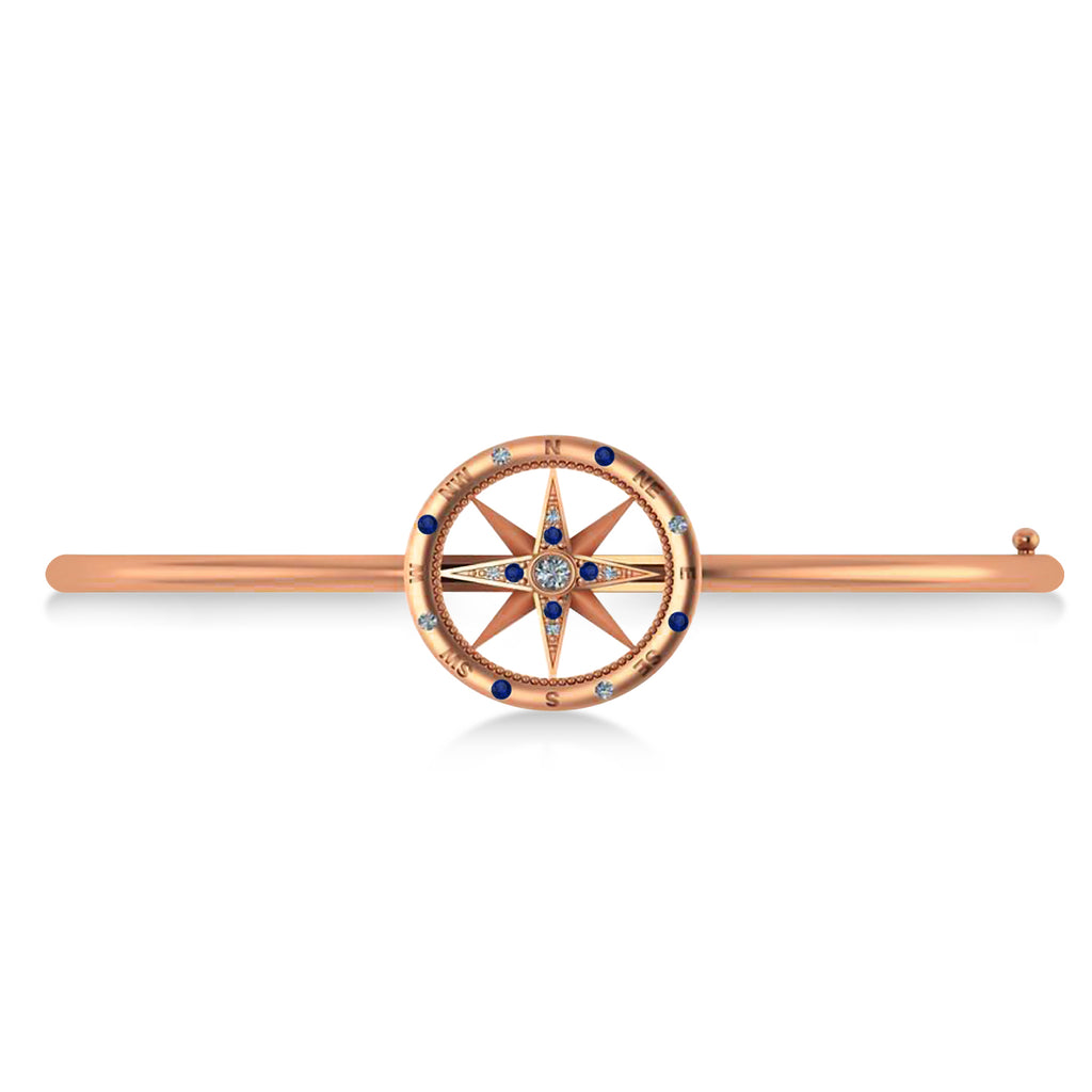 Blue Sapphire & Diamond Compass Bangle Bracelet 14k Rose Gold (0.19ct)