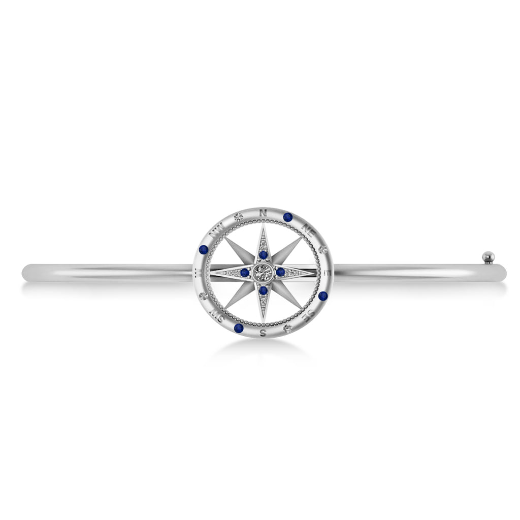 Blue Sapphire & Diamond Compass Bangle Bracelet 14k White Gold (0.19ct)