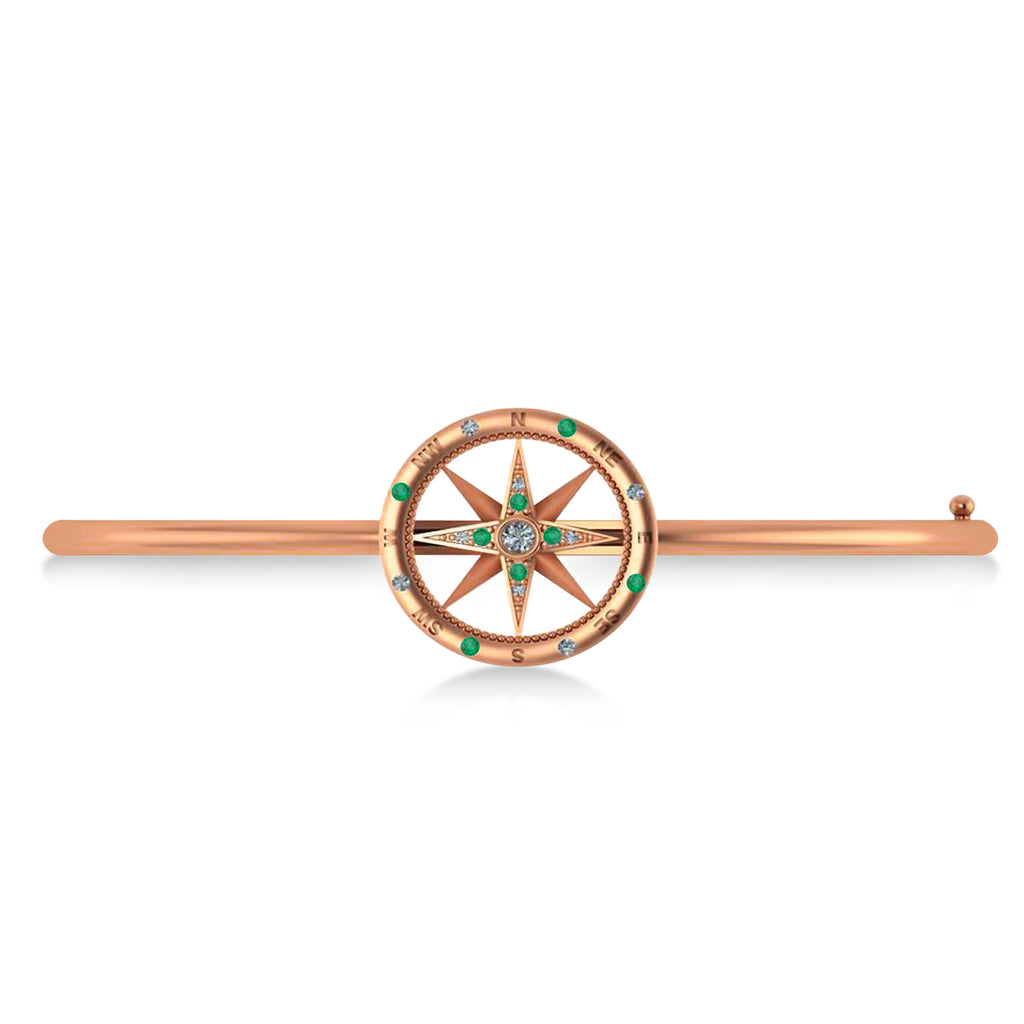 Emerald & Diamond Compass Bangle Bracelet 14k Rose Gold (0.19ct)