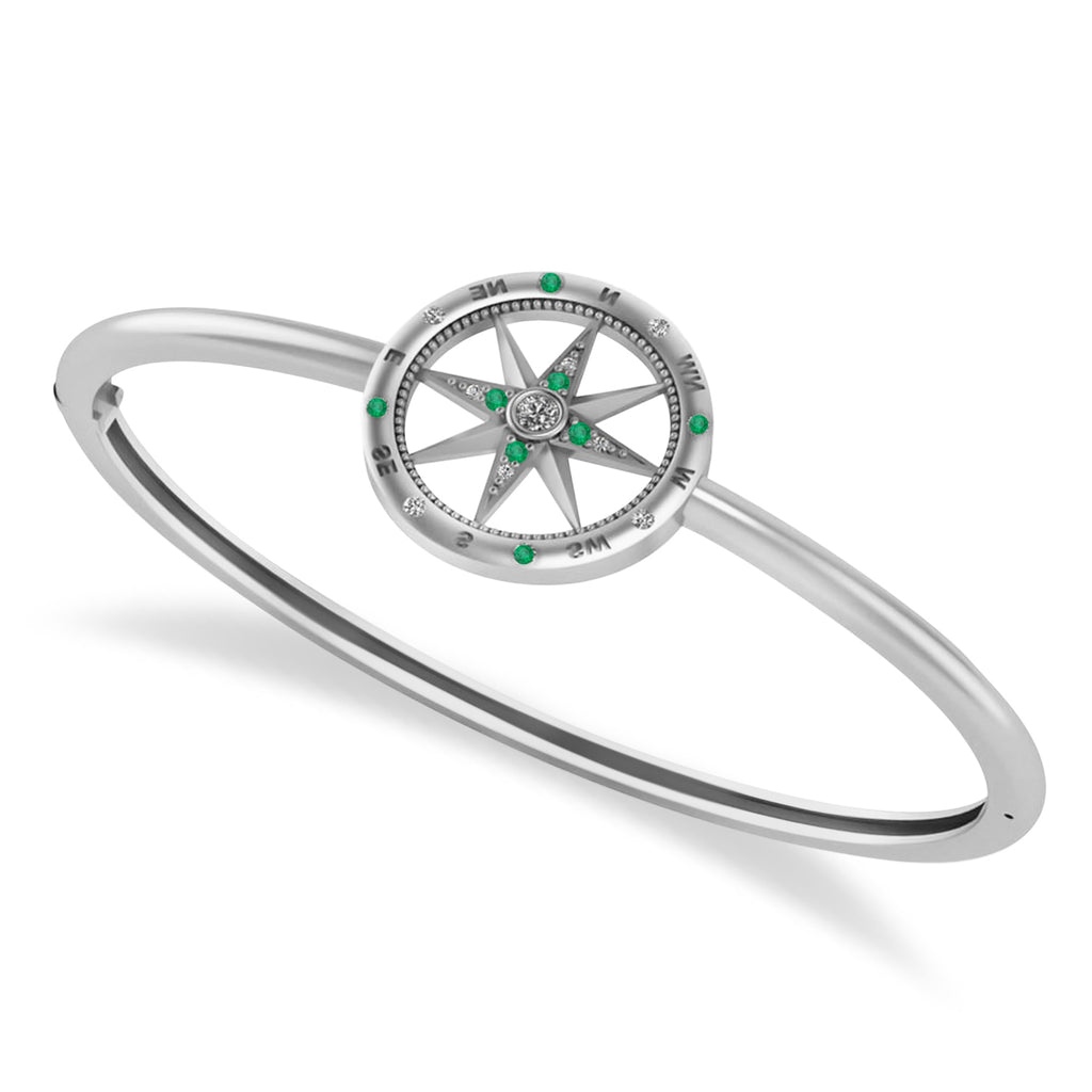 Emerald & Diamond Compass Bangle Bracelet 14k White Gold (0.19ct)