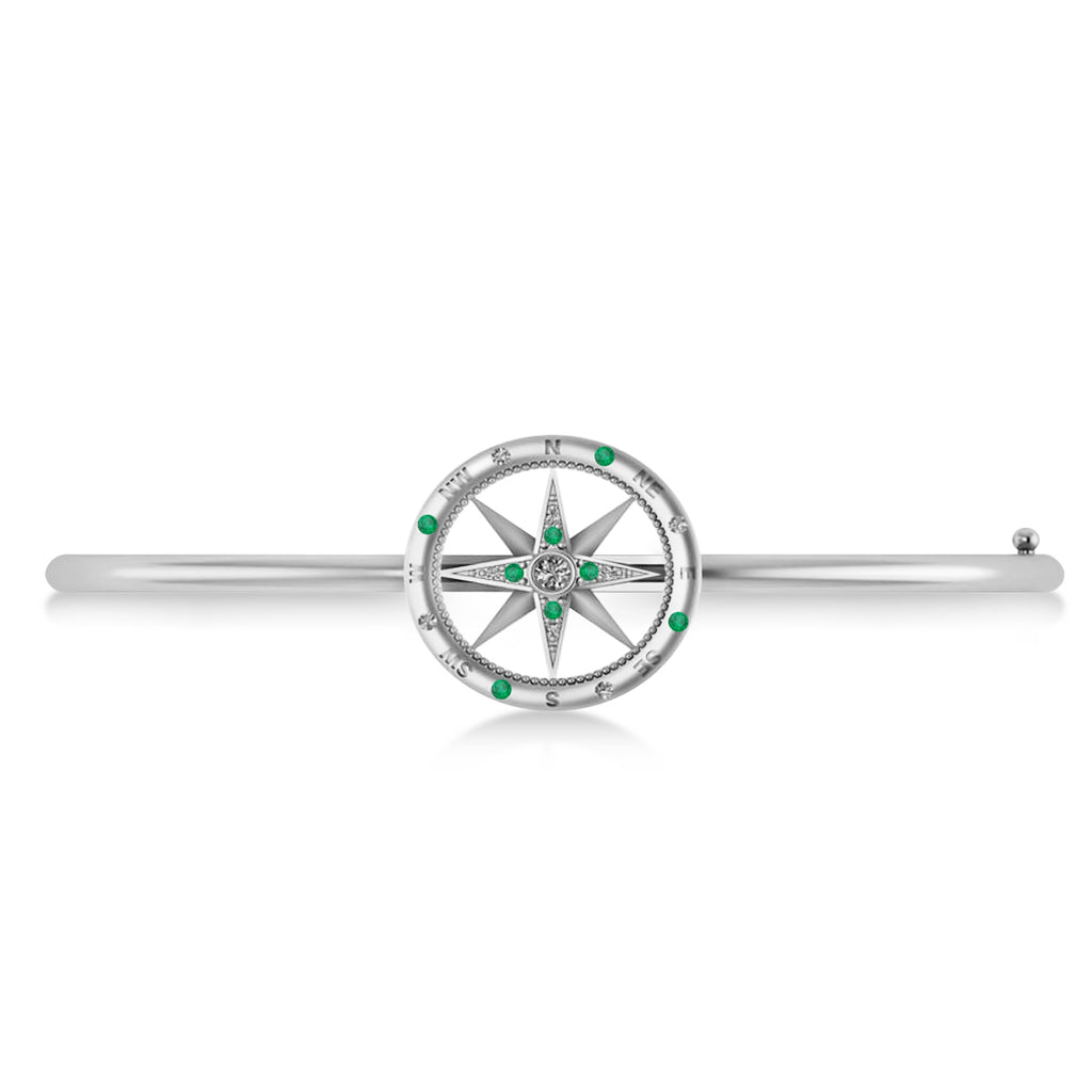 Emerald & Diamond Compass Bangle Bracelet 14k White Gold (0.19ct)