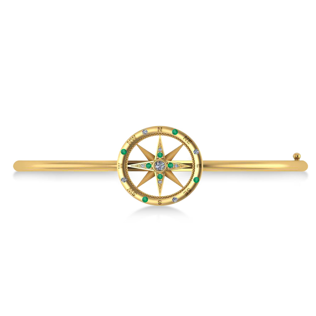 Emerald & Diamond Compass Bangle Bracelet 14k Yellow Gold (0.19ct)