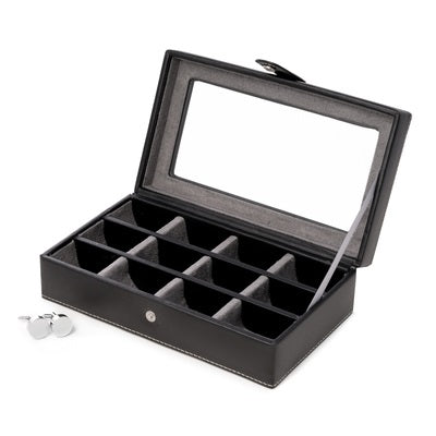 Velour Lined Leather 12 Cufflink Box with Glass Top