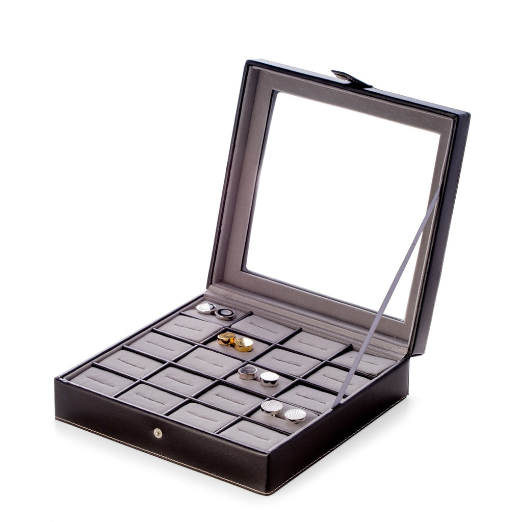 Black Leather 20 Cufflink Box with Glass Top and Snap Closure