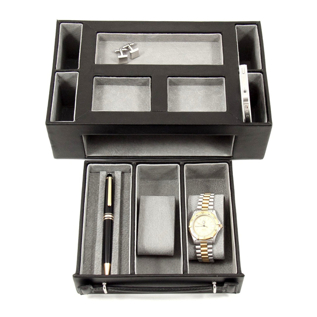 Pigskin Leather Lined Open Face Valet Box w/ Drawer