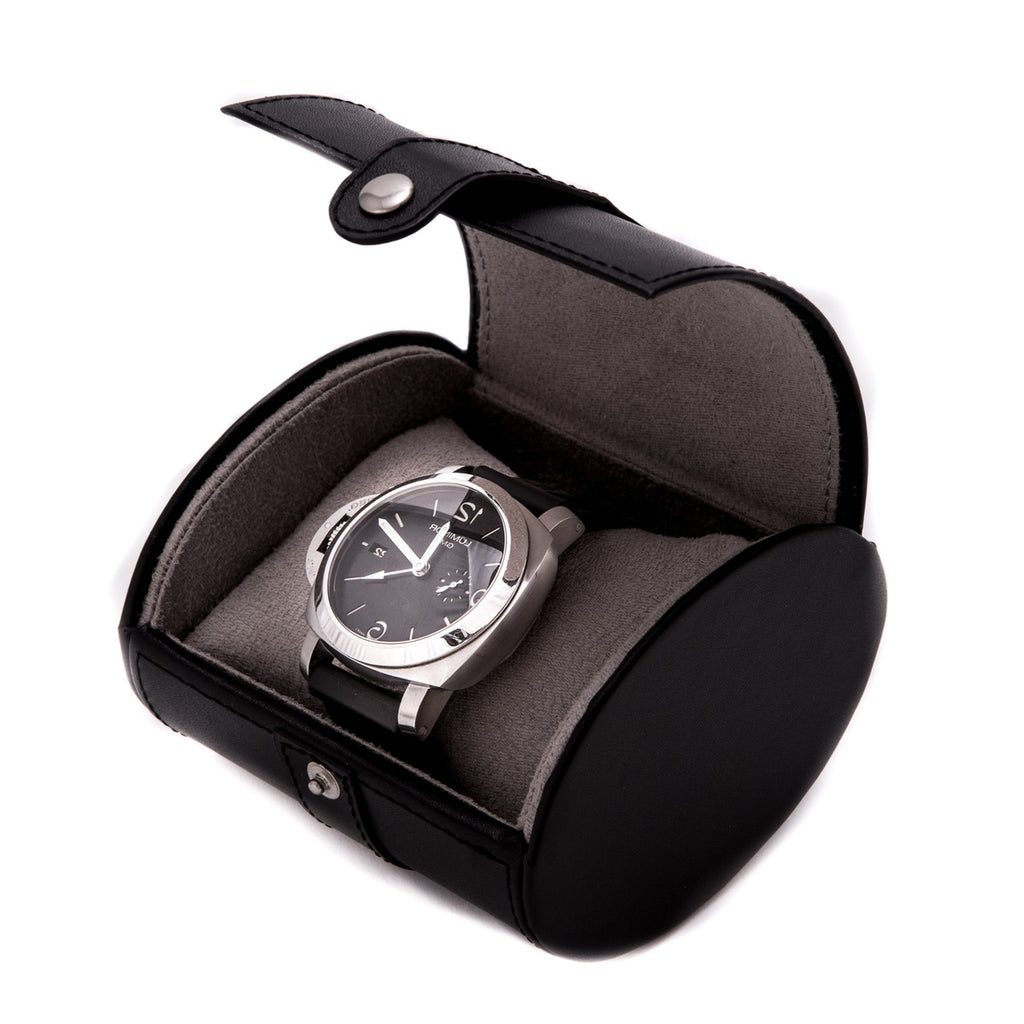 Black Leather Single Watch Travel Case with Snap Closure