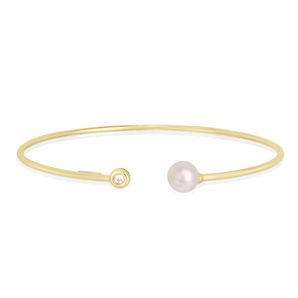 Diamond and Pearl Open Bangle 14k Yellow Gold (0.04ct)