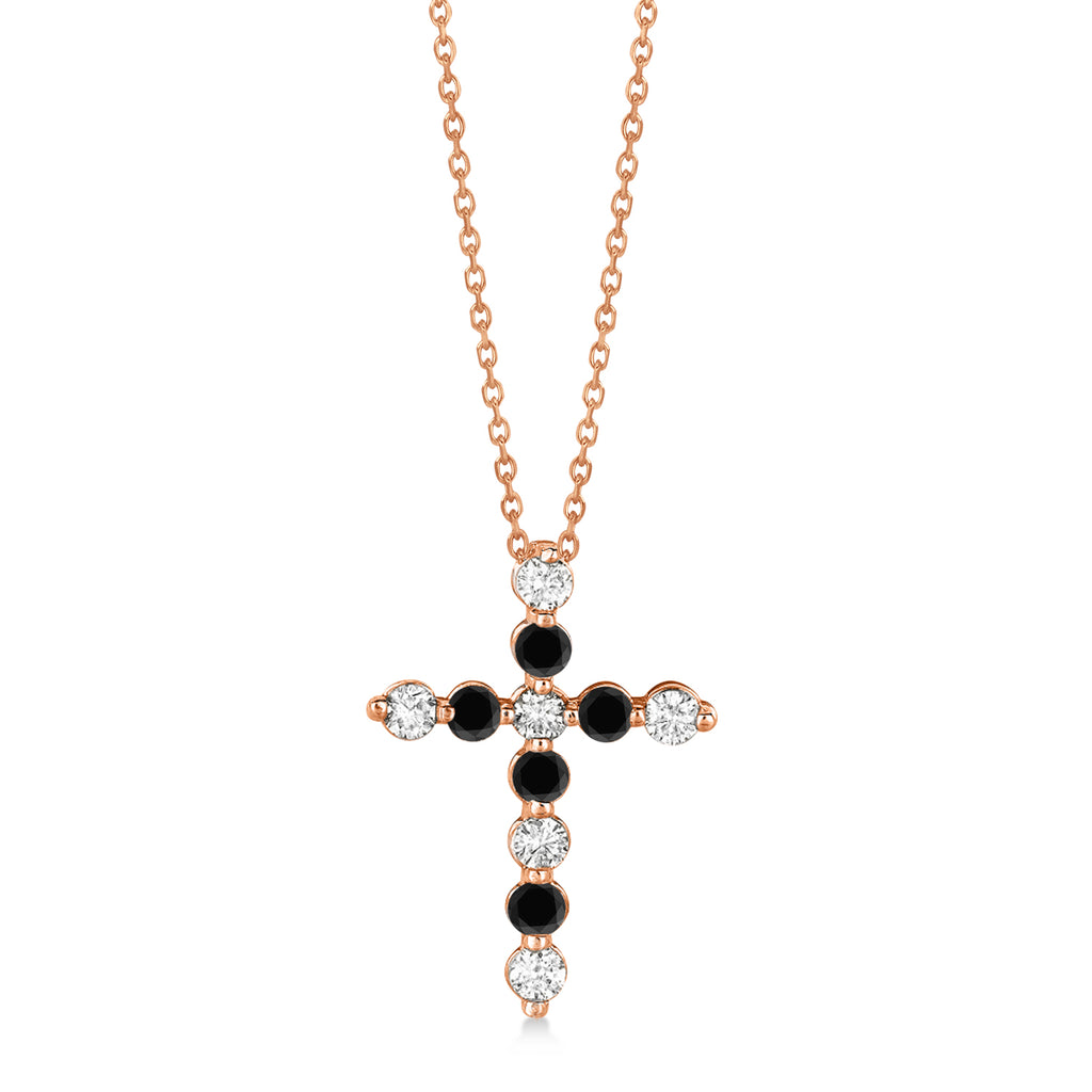 Black & White Diamond Cross Pendant Necklace in 14k Rose Gold (1.01ct)
