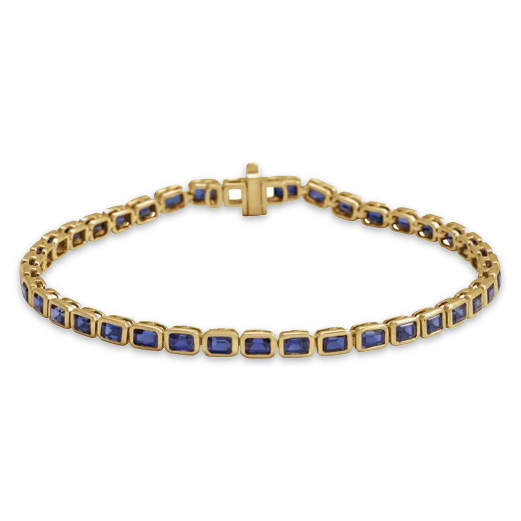 Emerald Cut Lab Grown Blue Sapphire Tennis Bracelet 14K Yellow Gold (8.58ct)