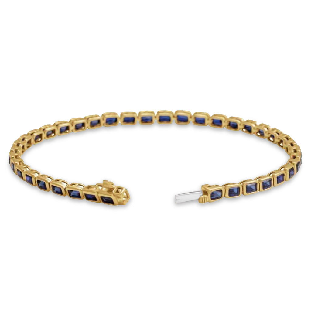 Emerald Cut Lab Grown Blue Sapphire Tennis Bracelet 14K Yellow Gold (8.58ct)