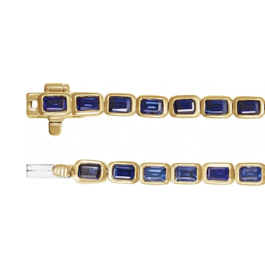 Emerald Cut Lab Grown Blue Sapphire Tennis Bracelet 14K Yellow Gold (8.58ct)