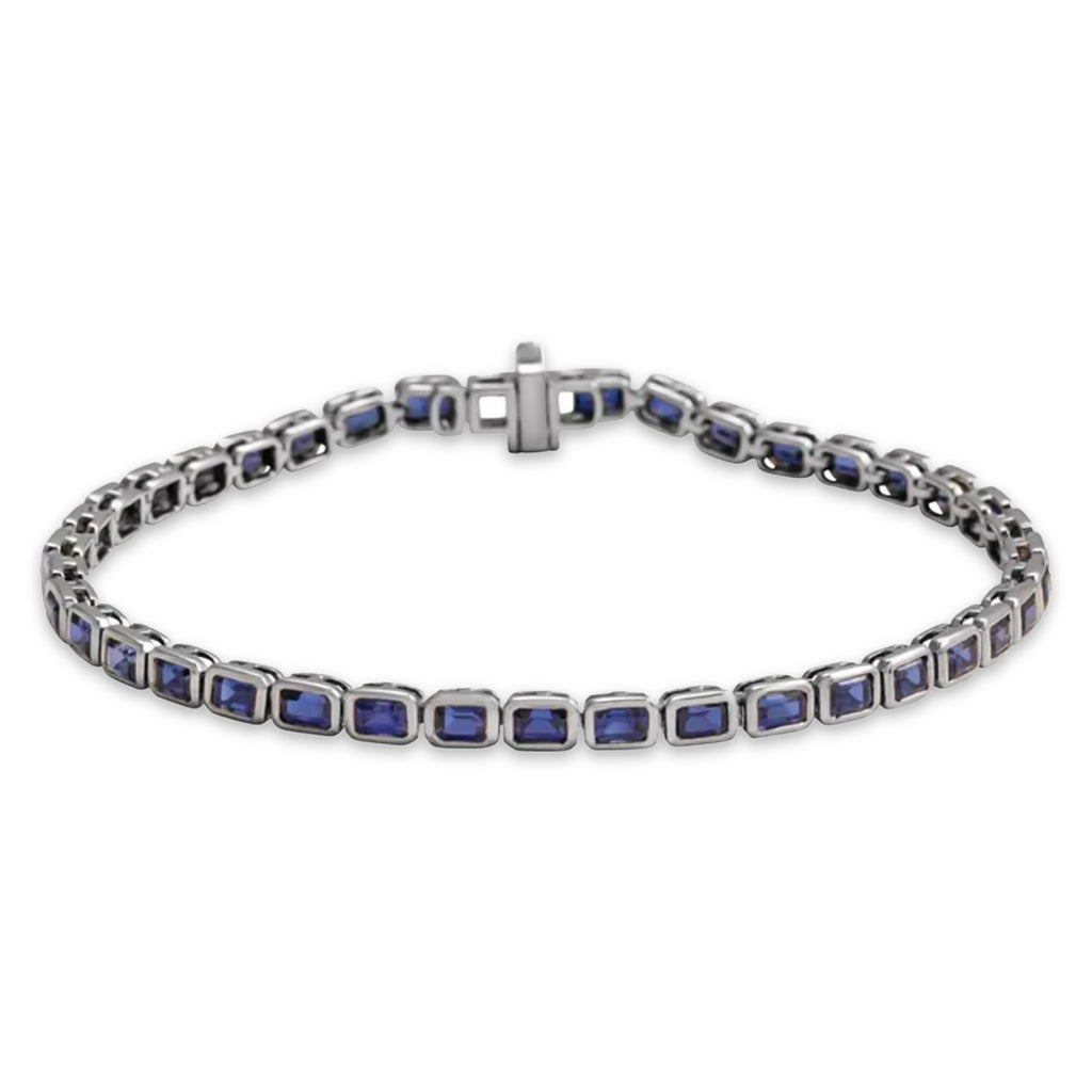 Emerald Cut Lab Grown Blue Sapphire Tennis Bracelet 14K White Gold (8.58ct)
