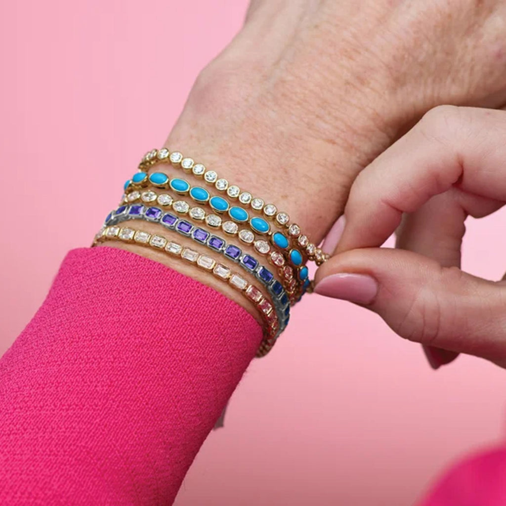 Emerald Cut Lab Grown Blue Sapphire Tennis Bracelet 14K White Gold (8.58ct)