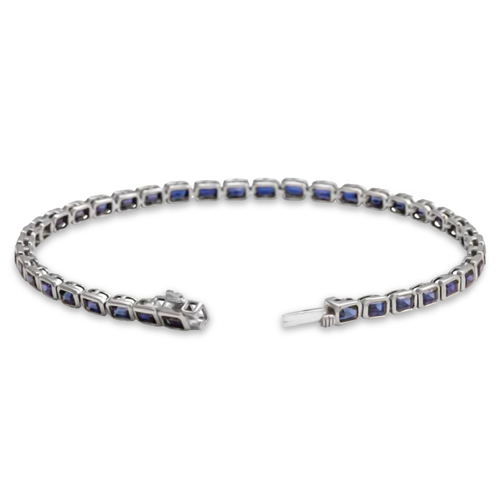 Emerald Cut Lab Grown Blue Sapphire Tennis Bracelet 14K White Gold (8.58ct)