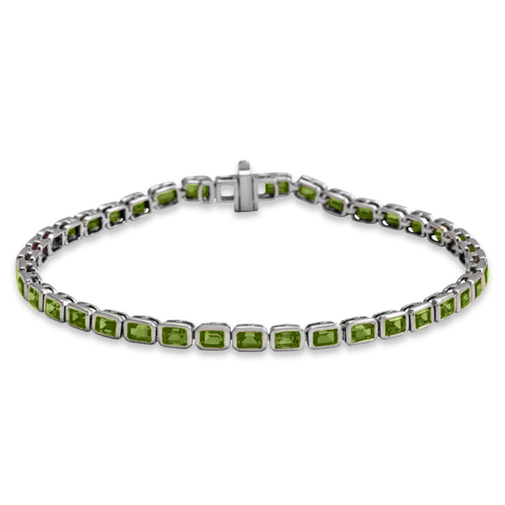 Emerald Cut Lab Peridot Tennis Bracelet 14K White Gold (8.58ct)