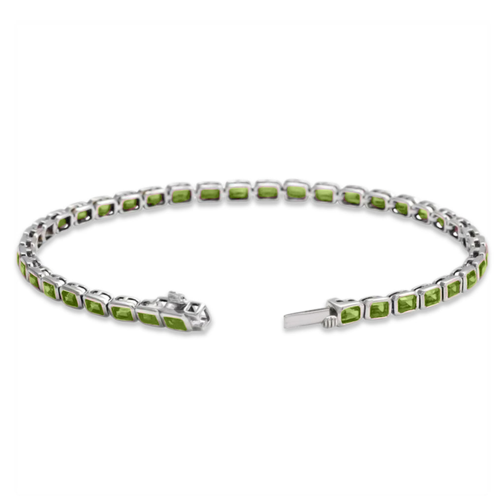 Emerald Cut Lab Peridot Tennis Bracelet 14K White Gold (8.58ct)