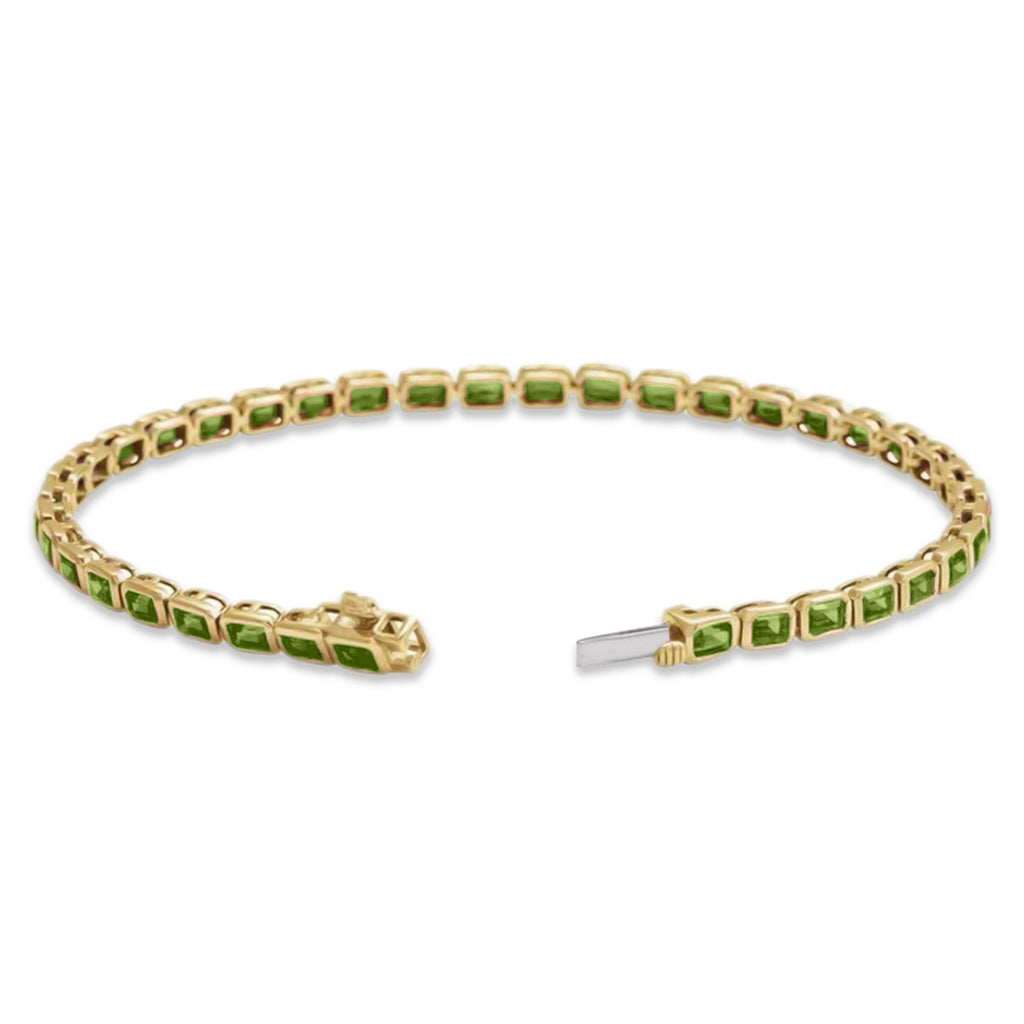 Emerald Cut Lab Peridot Tennis Bracelet 14K Yellow Gold (8.58ct)