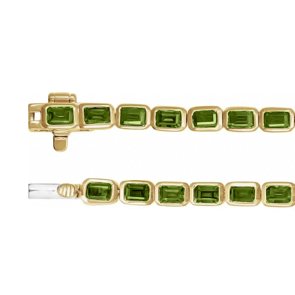 Emerald Cut Lab Peridot Tennis Bracelet 14K Yellow Gold (8.58ct)