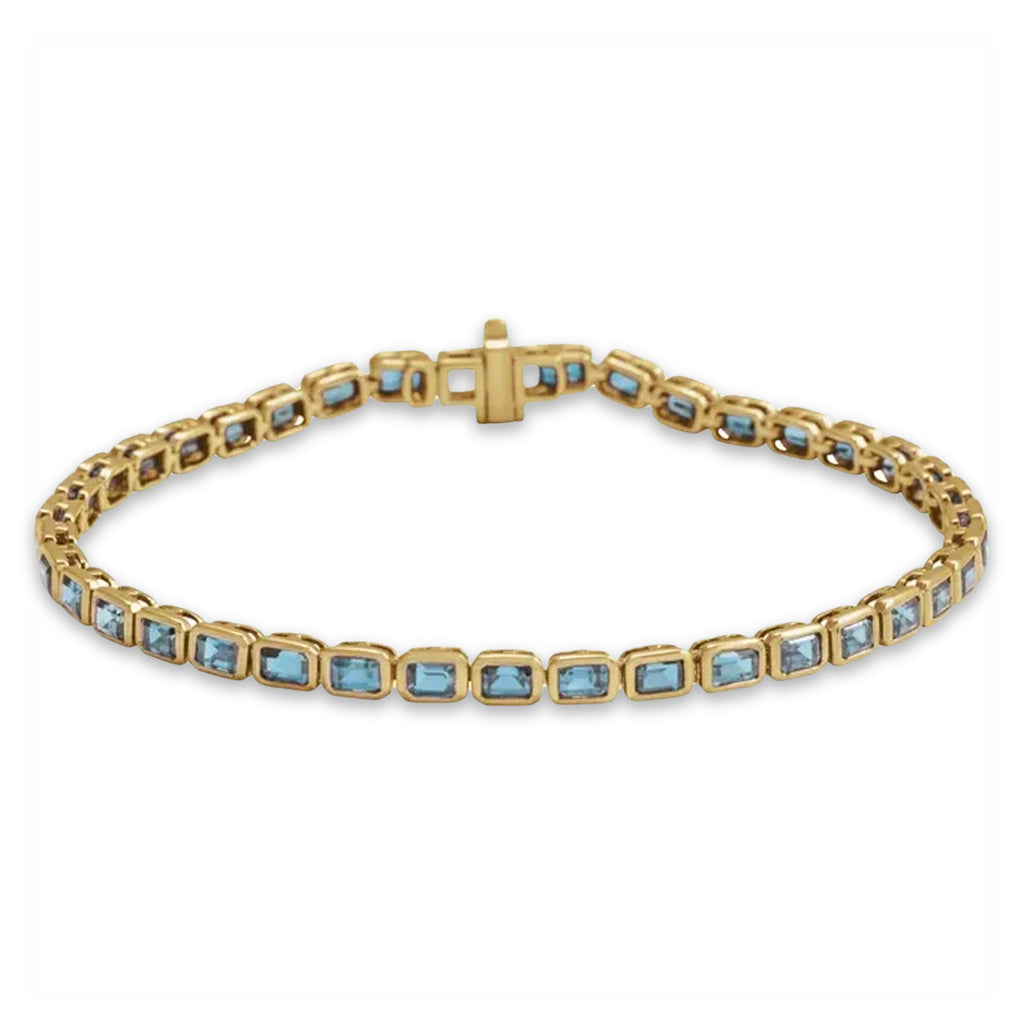 Emerald Cut Sky Blue Topaz Tennis Bracelet 14K Yellow Gold (8.58ct)