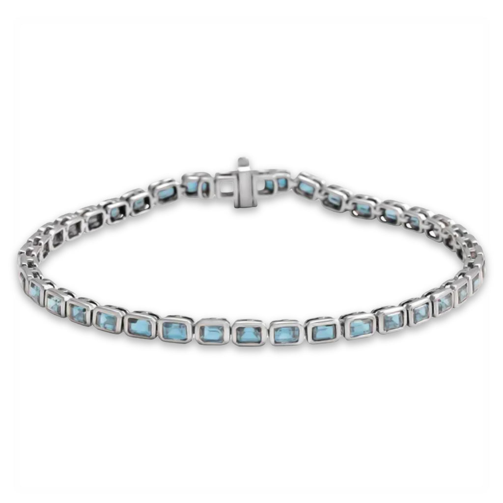 Emerald Cut Sky Blue Topaz Tennis Bracelet 14K White Gold (8.58ct)