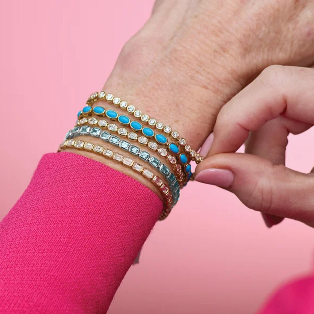 Emerald Cut Sky Blue Topaz Tennis Bracelet 14K White Gold (8.58ct)