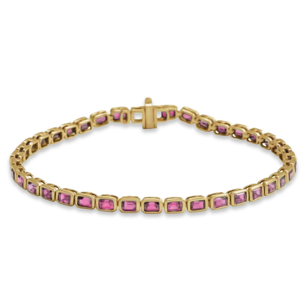 Emerald Cut Pink Tourmaline Tennis Bracelet 14K Yellow Gold (8.58ct)