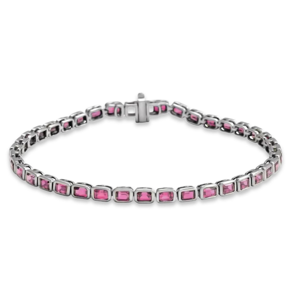 Emerald Cut Pink Tourmaline Tennis Bracelet 14K White Gold (8.58ct)