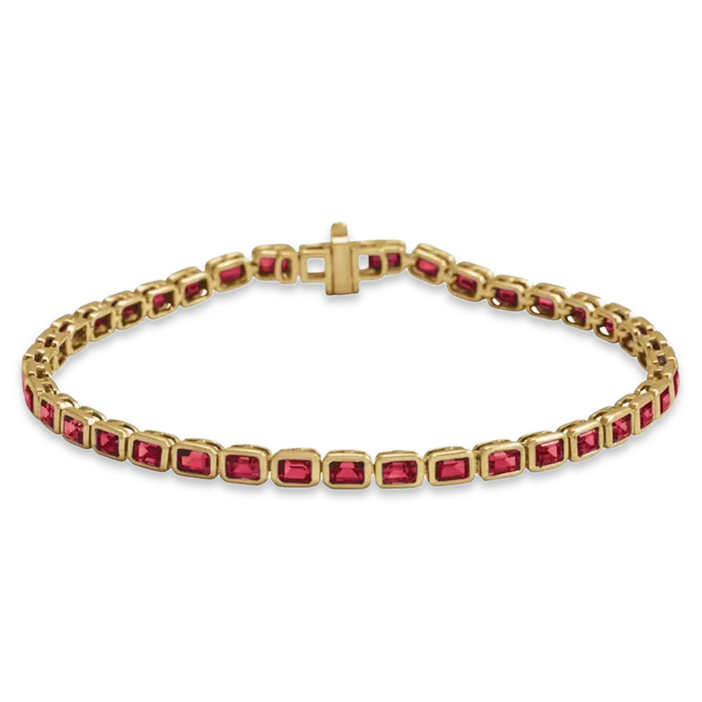 Emerald Cut Lab Grown Ruby Tennis Bracelet 14K Yellow Gold (8.58ct)
