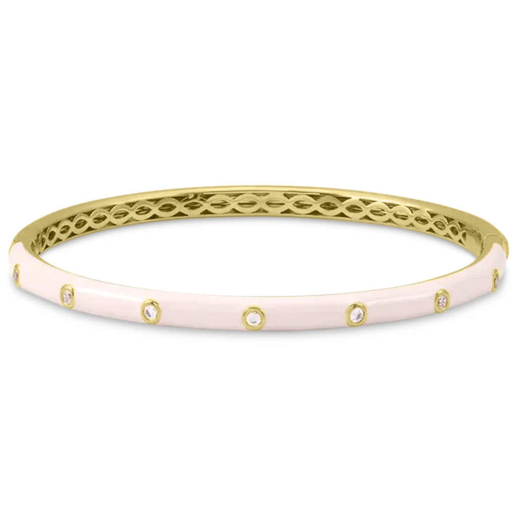 Natural Diamond & Pink Enamel Bangle Bracelet 14K Yellow Gold (0.20ct)