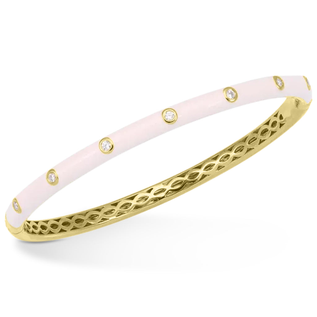 Natural Diamond & Pink Enamel Bangle Bracelet 14K Yellow Gold (0.20ct)