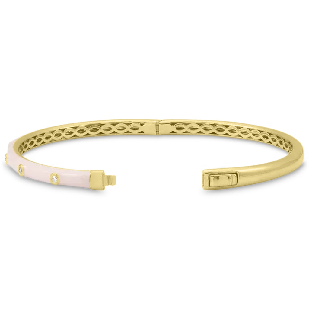 Natural Diamond & Pink Enamel Bangle Bracelet 14K Yellow Gold (0.20ct)