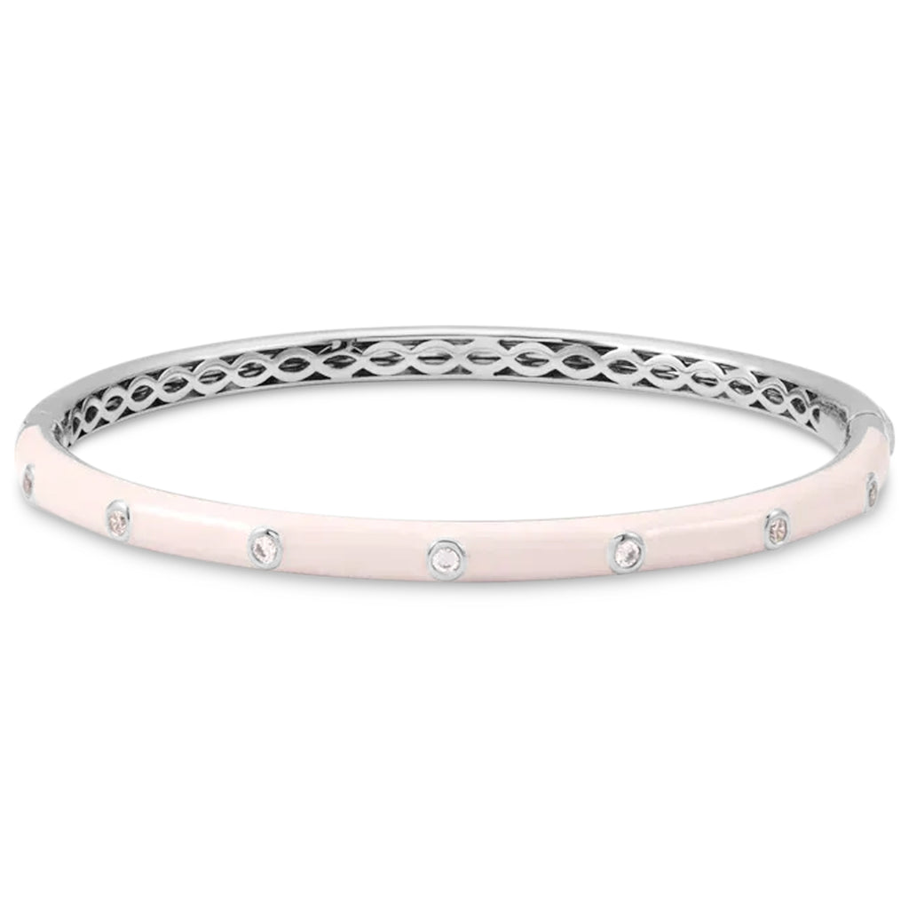 Natural Diamond & Pink Enamel Bangle Bracelet 14K White Gold (0.20ct)
