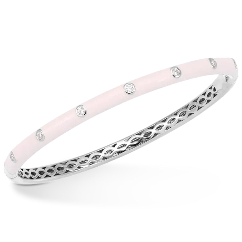 Natural Diamond & Pink Enamel Bangle Bracelet 14K White Gold (0.20ct)