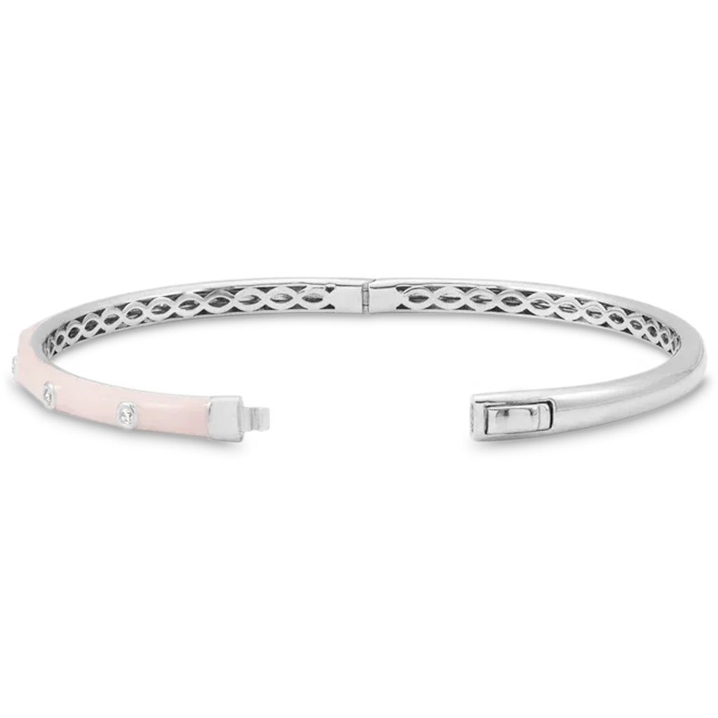 Natural Diamond & Pink Enamel Bangle Bracelet 14K White Gold (0.20ct)