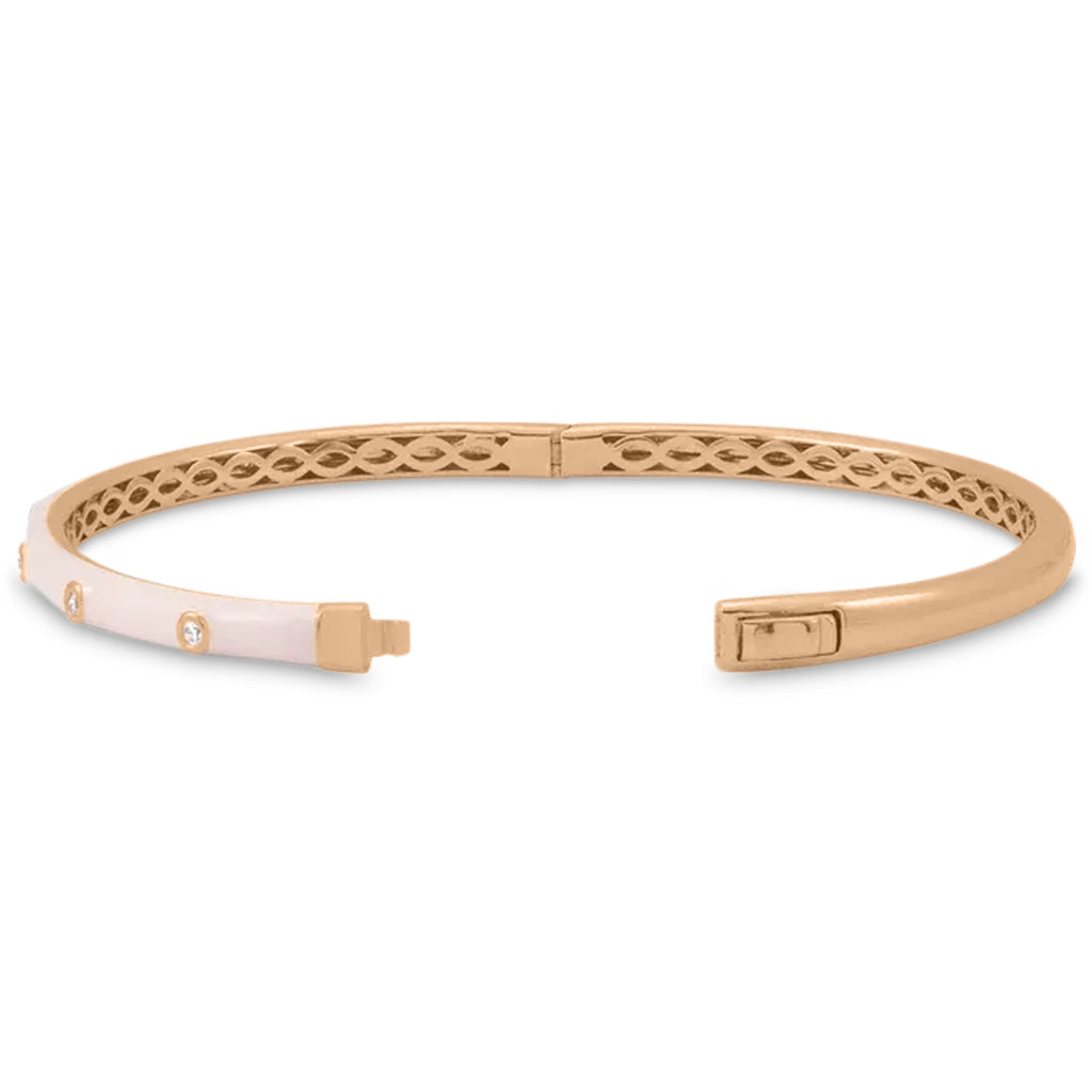 Natural Diamond & Pink Enamel Bangle Bracelet 14K Rose Gold (0.20ct)