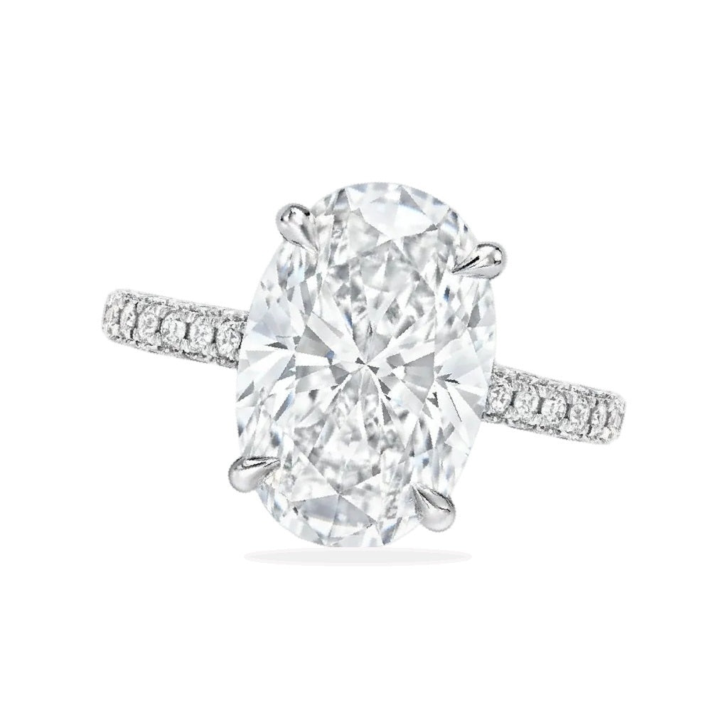 Oval Lab Diamond Cathedral Style Engagement Ring in Platinum (5.00ct)
