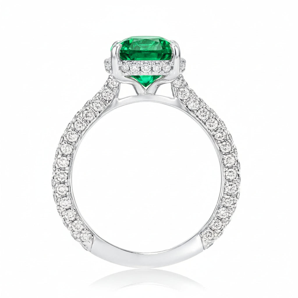 Oval Lab Emerald & Diamond Cathedral Style Engagement Ring 18K White Gold (4.15ct)