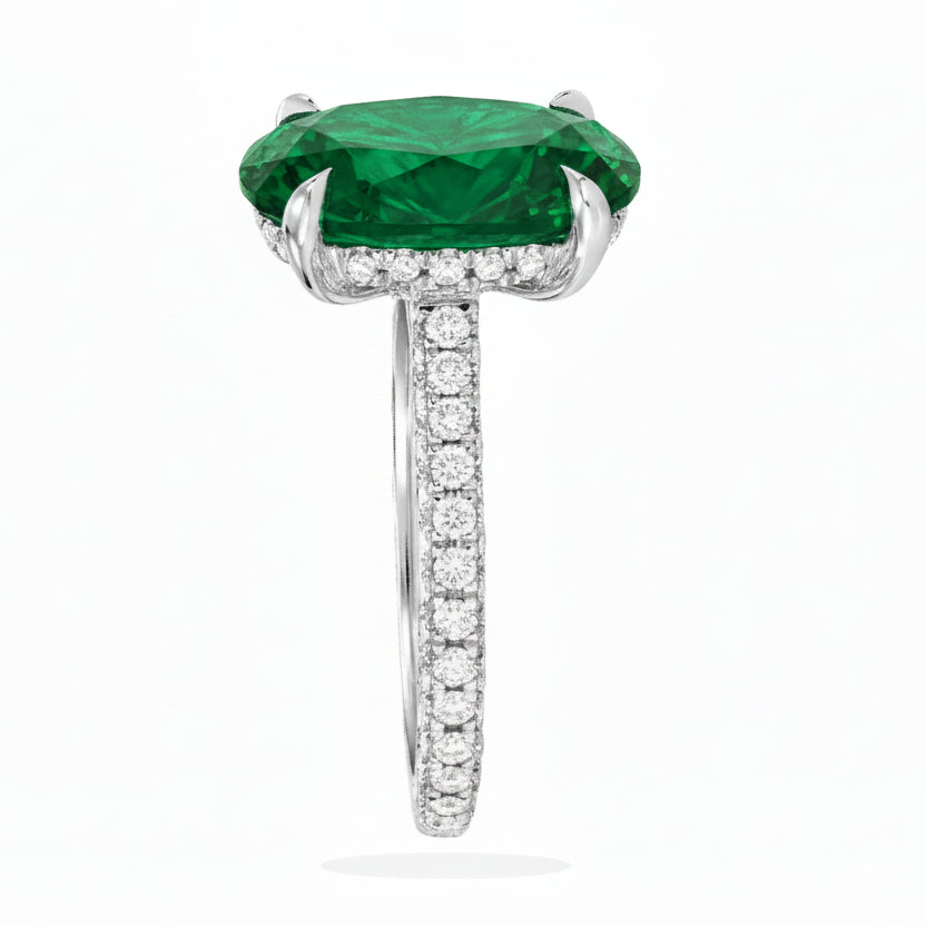 Oval Lab Emerald & Diamond Cathedral Style Engagement Ring 18K White Gold (4.15ct)